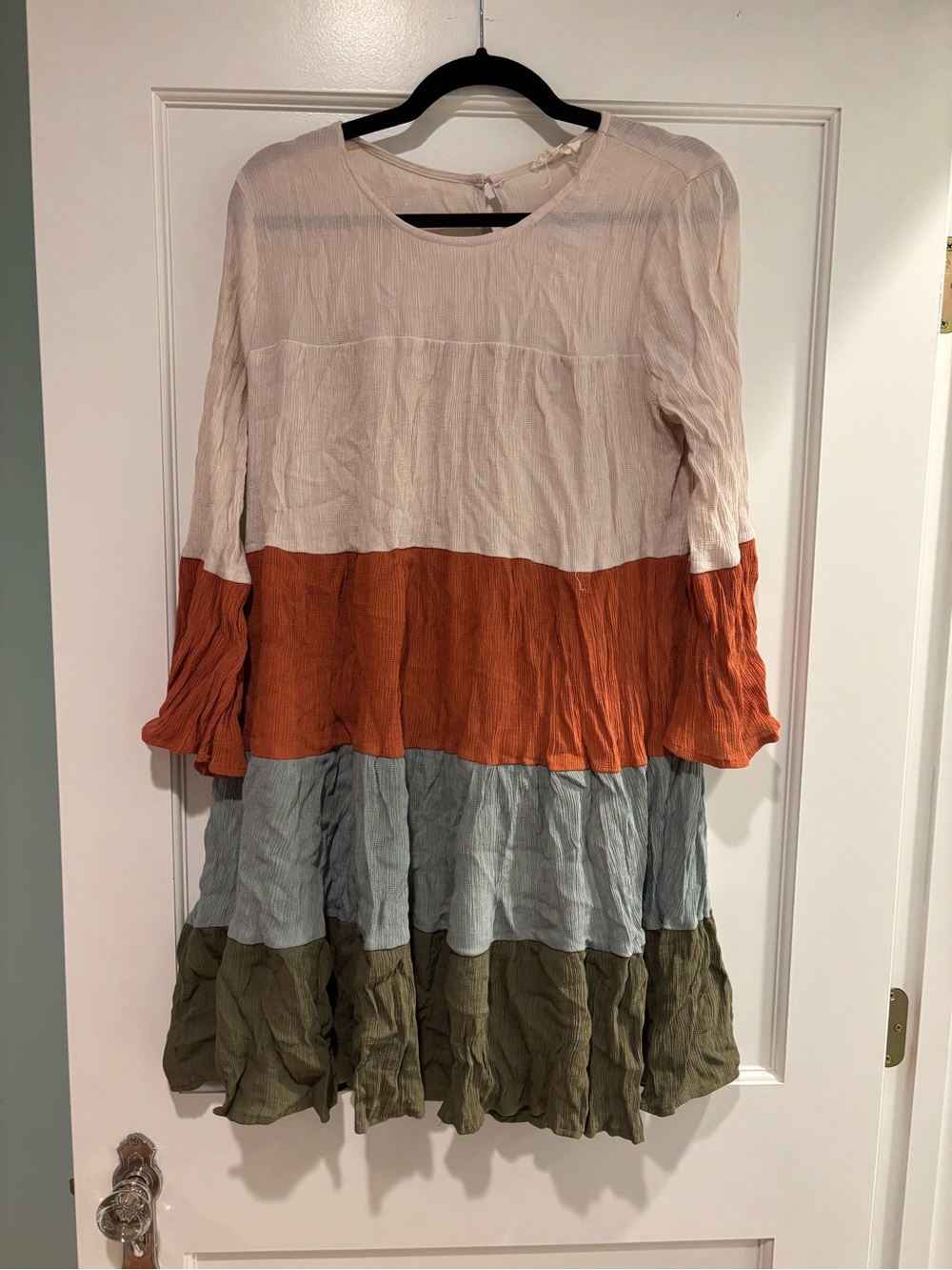 entro Colorblock Tiered Long Sleeve Dress in Cream, Rust, Blue and Olive